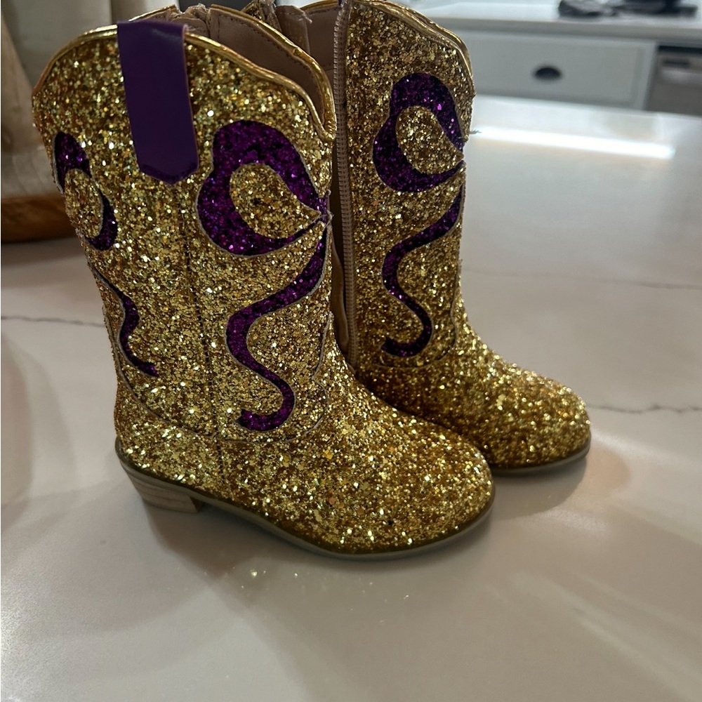 Gold Glitter Kids Cowboy Boots with Purple Accents
